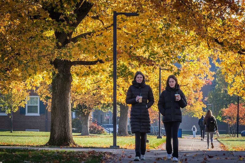 Students walking on campus in the fall season.