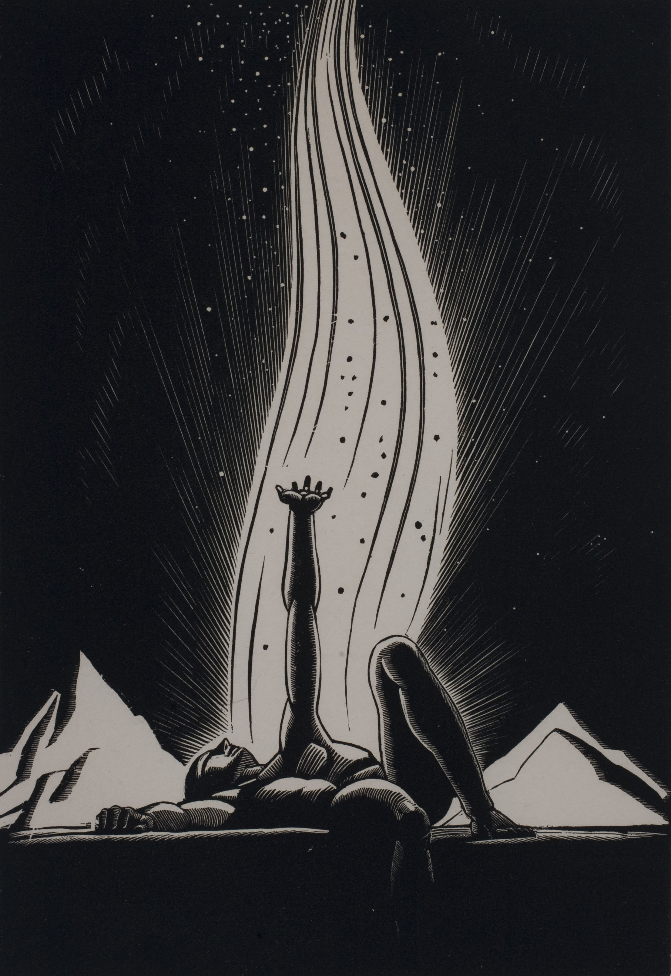 Rockwell Kent's Flame featuring a drawing of a man laying on his back with one hand outstretched upwards with a depiction of a flame and mountains behind him in the distance