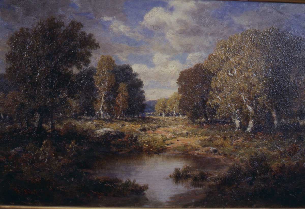 artwork titled Landscape featuring a plain with patches of trees and a small pond