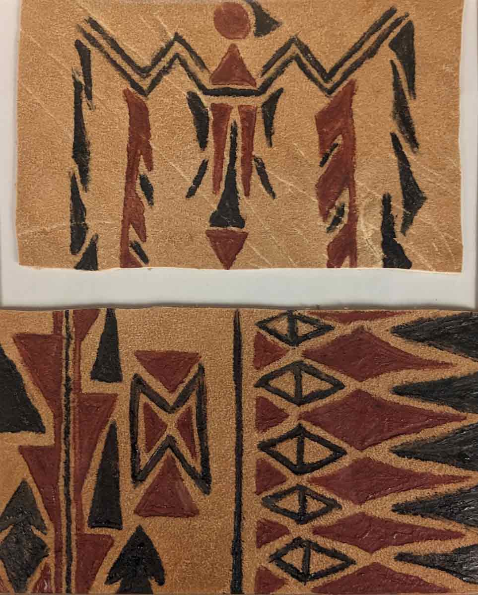 Morgan Lippert's Painted hide panel featuring two Native American designs on deer skin
