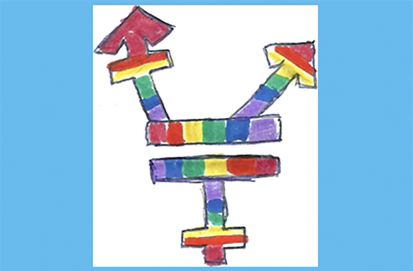 crayon drawing of a transgender symbol in rainbow colors