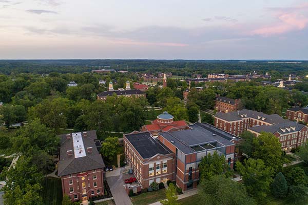 aerial view of Alumni Hall and Harrison Hall in the distance