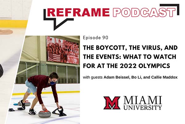 image of the Reframe podcast page with a man pushing a curling round on ice