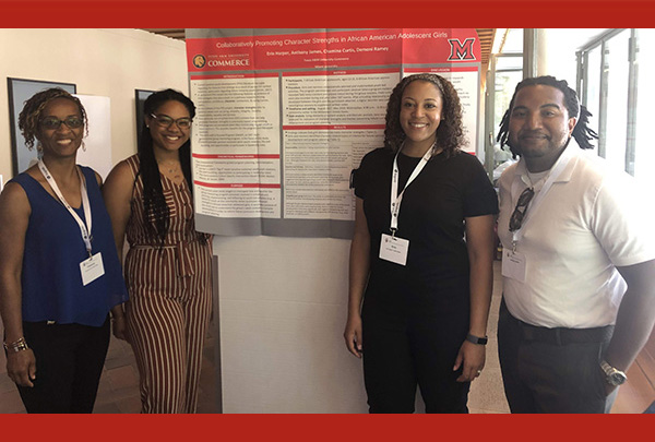 Study authors, left to right: Chamina Curtis, assistant lecturer of Commerce aChamina Curtis, Demoni’ Ramey ’20,, Erin Harper,  and Anthony James, 
