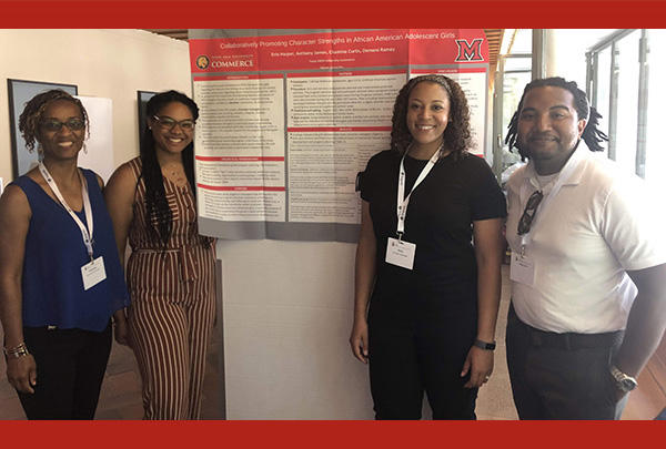 Study authors, left to right: Chamina Curtis, assistant lecturer of Commerce aChamina Curtis, Demoni’ Ramey ’20,, Erin Harper, and Anthony James,