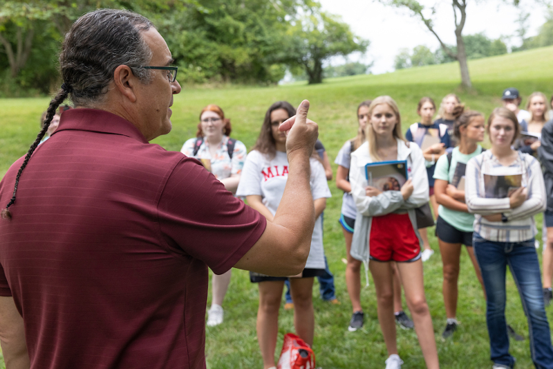 Daryl Baldwin, executive director of the Myaamia Center, talks to Miami Tribe students during a recent ecological perspectives class on campus.