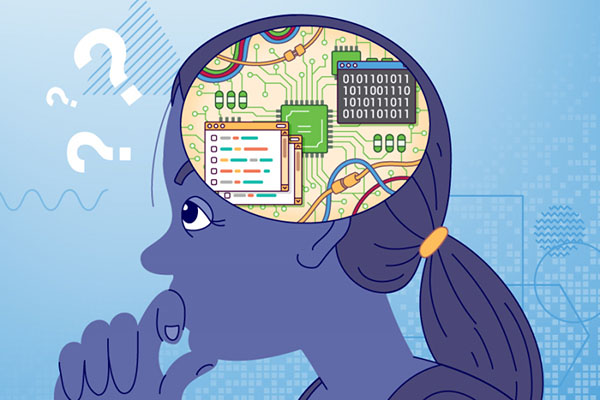 Cartoon image of a girl thinking and a computer circuit board inside her brain