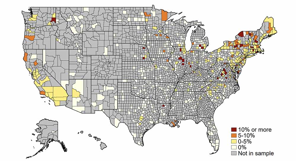 This county-level map shows the four-year students covered by a mandate as a fraction of population in each county.