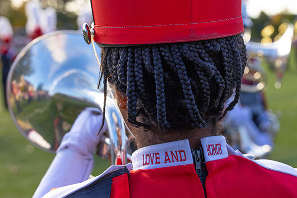 Close-up of the back collar of a Miami University marching band member with For Love and Honor stitched on 