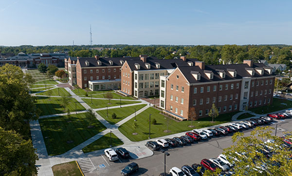 drone view of the Health corridor with Clinical Health Sciences and Wellness building at right 