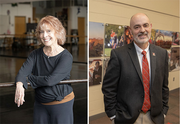 Lana Kay Rosenberg poses at the barre in the Dance Studio (left) and Brent Shock poses by photographs of Miami scenes in a hallway in Nellie Craig Walker hall