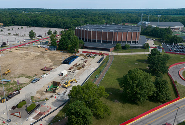 drilling of geothermal wells under Millett south lawn, drone view