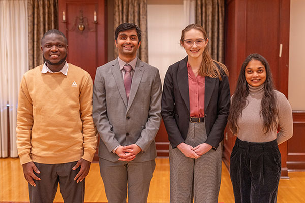 Miami's 2025 Graduate School 3MT winners (left to right): Prince Obosu, (People's Choice); Dhruv Birla (3rd place); Grace Kemmerly (1st place); and Prachi Wele (2nd place) 