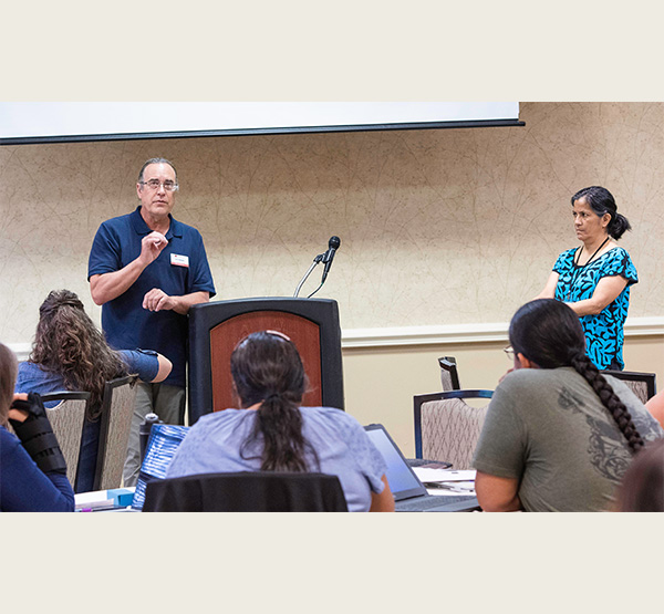 Daryl Baldwin and Gabriela Perez Baez, co-directors, welcoming apprentices to the gathering last May at Miami University (photo by Karen Baldwin, Miami Tribe of Oklahoma).