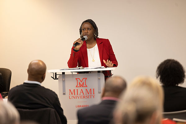 Tekeia Howard speaks at a recent Miami University event.