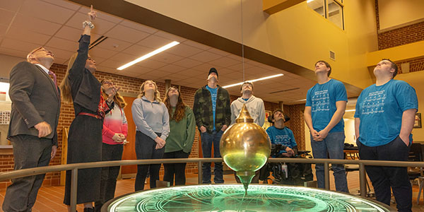 Judy Brown, third from left, brought a group of National Trail students to Miami University to meet with faculty members, as well as President Gregory Crawford and University Ambassador Dr. Renate Crawford.