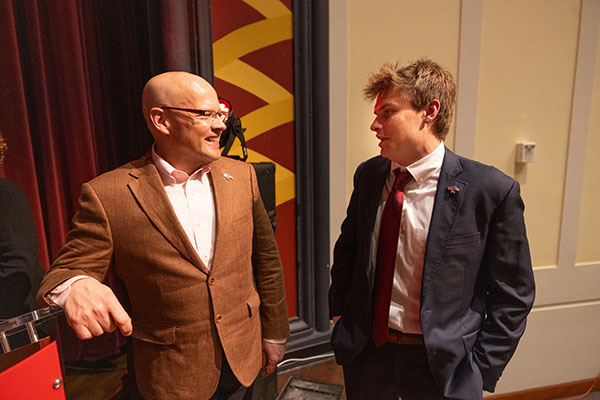 Miami University President Gregory Crawford talks with Will Brinley, president of Associated Student Government