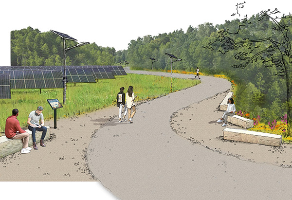 vignette of sustainability park seating area with a pathway and ground mount solar panels