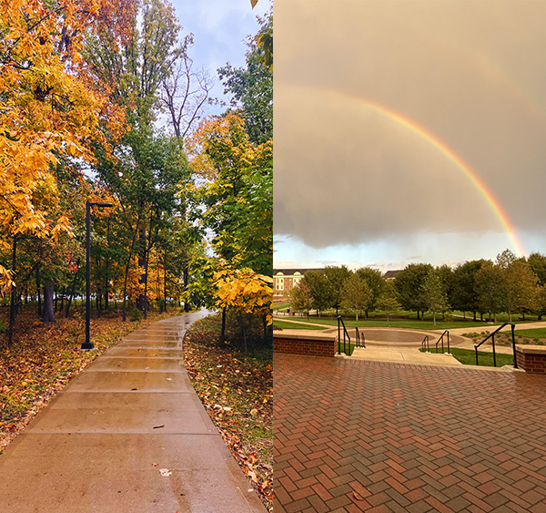 a path through Bishop Woods and a rainbow over the engineering quad