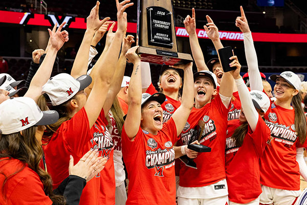 Miami University's women's basketball team celebrates