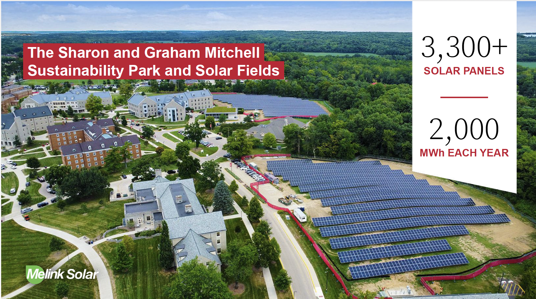 drone view of sustainability park in summer with 2 solar arrays and western campus buildings 