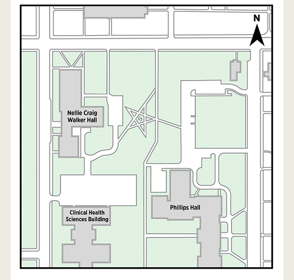 Site restoration and landscape plan for the area between Nellie Craig Walker Hall and S. Oak Street (drawing courtesy of the Kleingers Group)