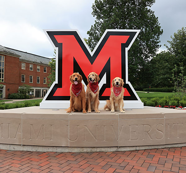 a 6-foot tall beveled M and the Crawford's 3 golden retrievers pose in front of it on the new RedHawk Plaza