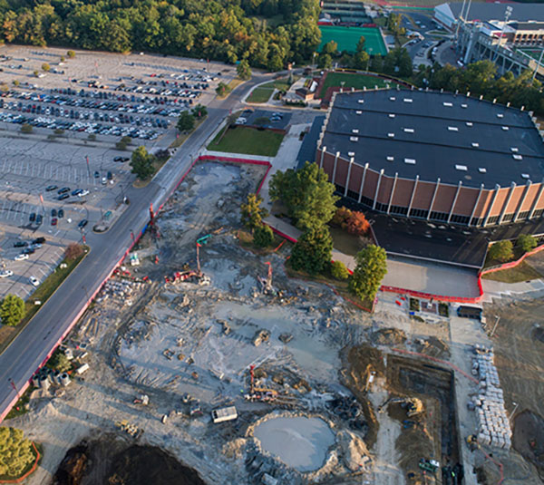 Drone view geothermal well drilling in the south lawn of Millett Hall in Sept. 2024