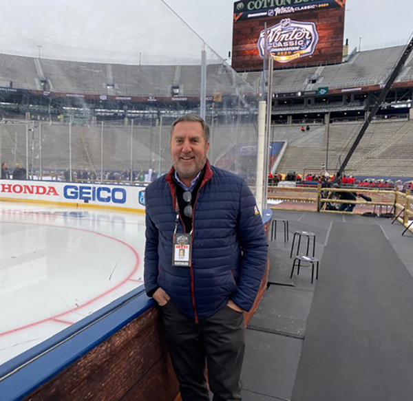 Jon Miller next to the ice rink at the Dallas Winter Classic